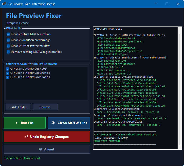 File Preview Fixer running and completing the fix